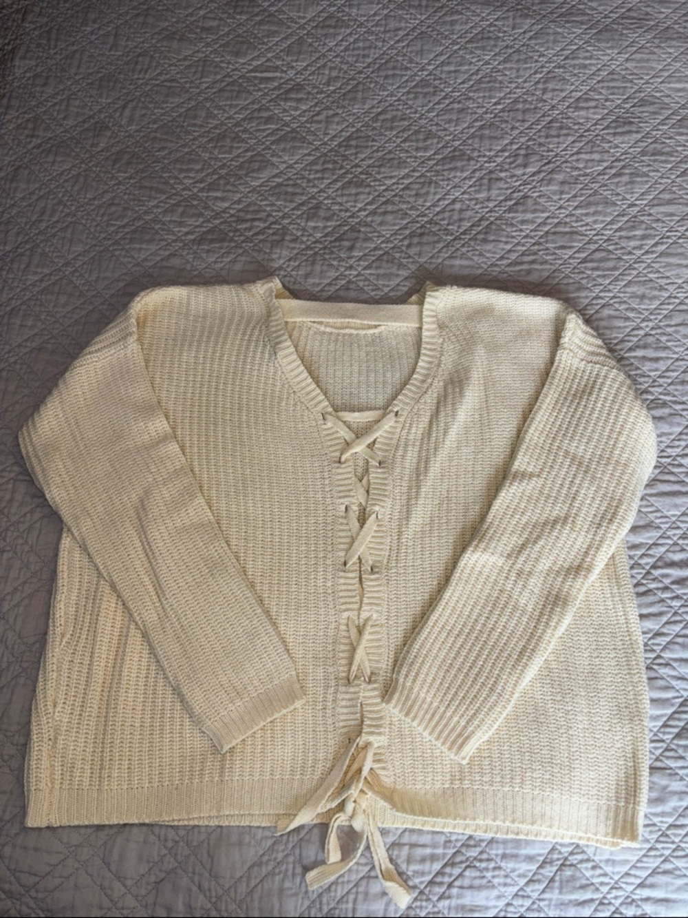 Voom by Joy Han Cream Lace-Up V-Neck Sweater